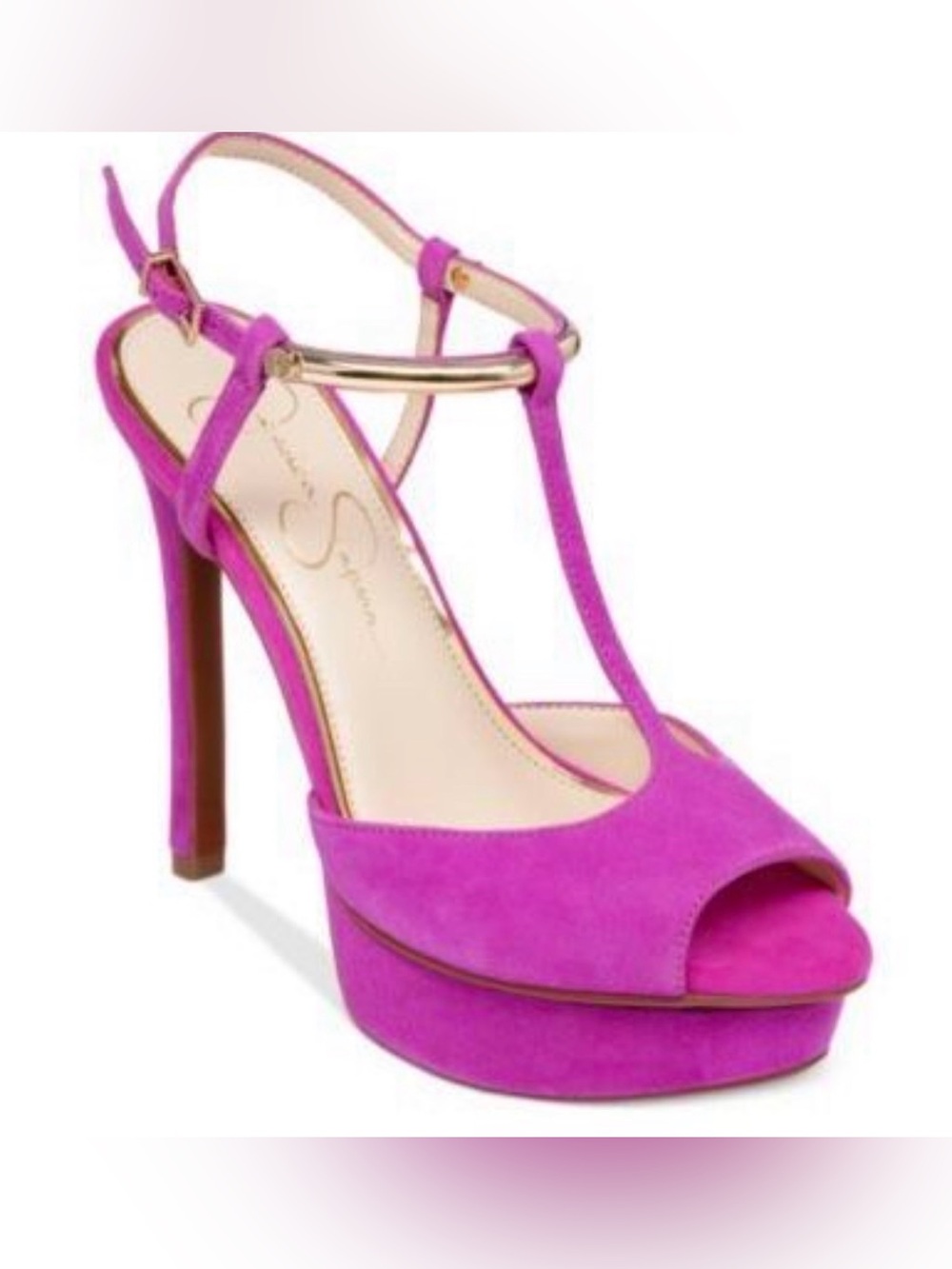 Jessica Simpson Hot Pink Suede T‑Strap Platform Sandal with Gold Accent